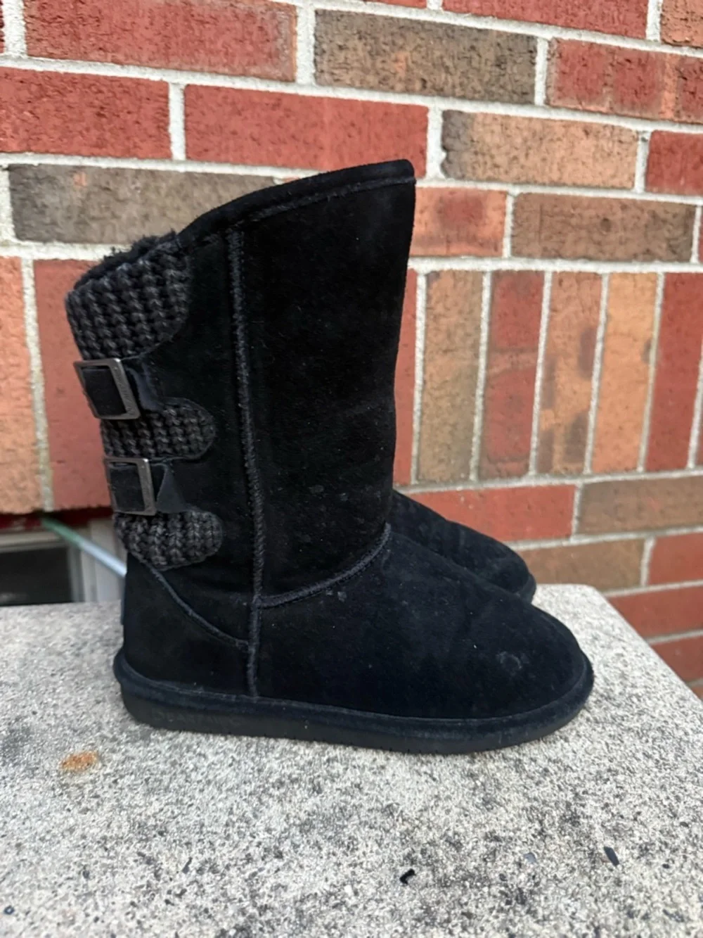 Bearpaw Black Knit Buckle Mid Calf Winter Boots Womens Size 6 Suede Sherpa